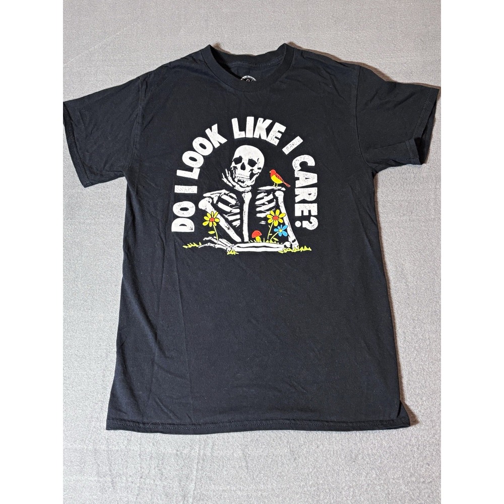 DOM Do I Look Like I Care Skeleton T Shirt Small Black Goth Grunge Graphic Tee